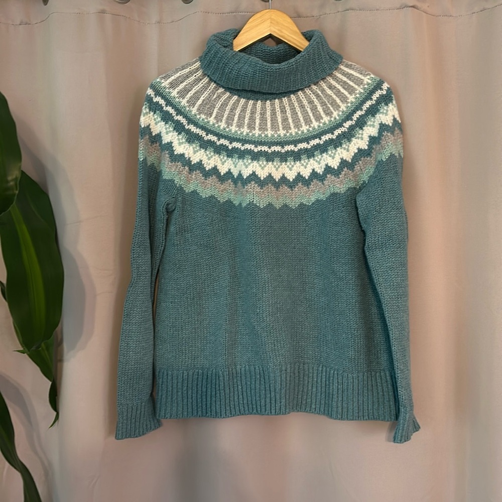LOFT Teal Blue Fair Isle Turtleneck Sweater